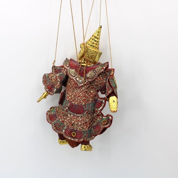 Handmade Traditional Burmese Puppet Gold Face Ornate Costume Strings Attached - Picture 8 of 9